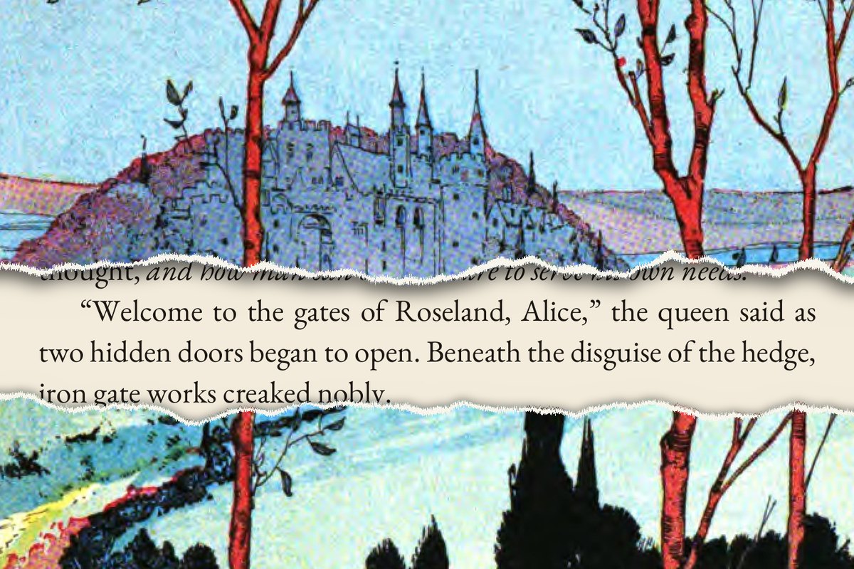 Plate by Neill (1907) torn open over the Alice of Oz page: “Welcome to the gates of Roseland, Alice,” the queen said as two hidden doors began to open. (Chapter 14)