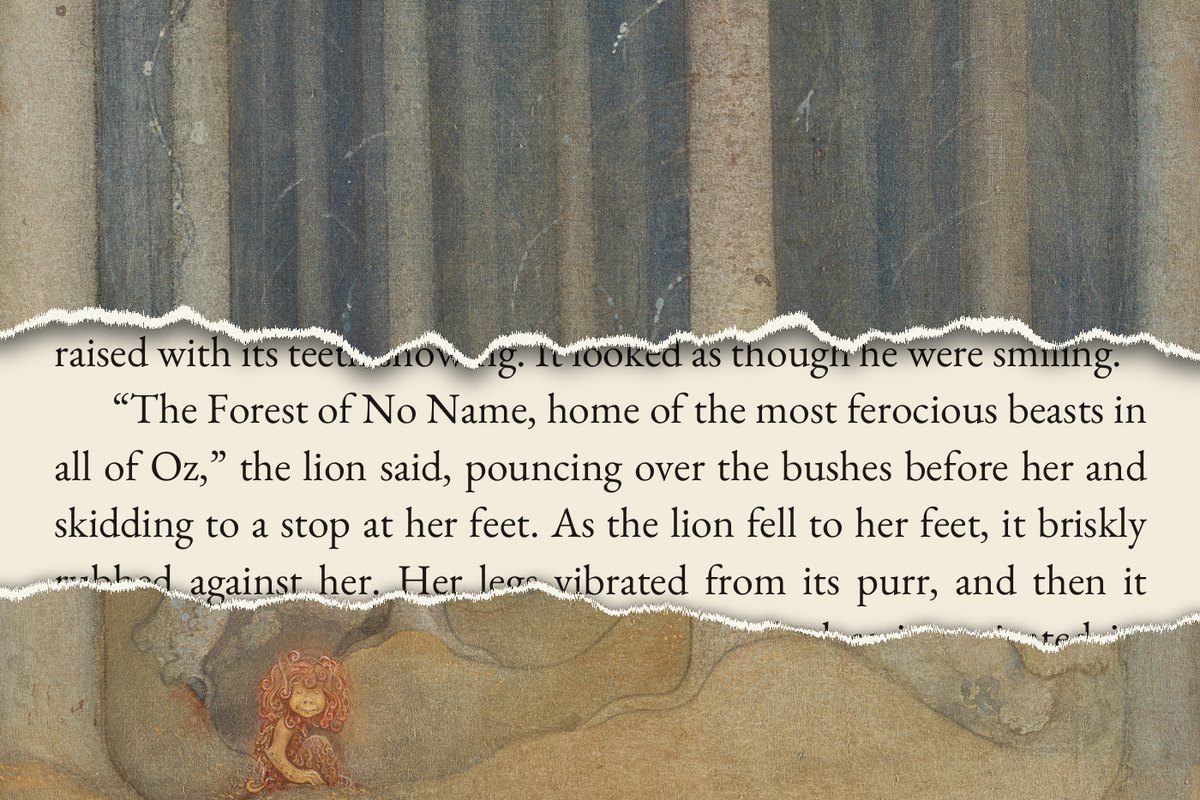 Plate by John Bauer (1913) torn open over the Alice of Oz page: “The Forest of No Name, home of the most ferocious beasts in all of Oz,” the lion said. (Chapter 43)