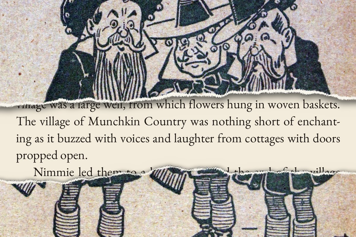 Plate by Denslow (1900) torn open over the Alice of Oz page: The village of Munchkin Country was nothing short of enchanting. (Chapter 31)