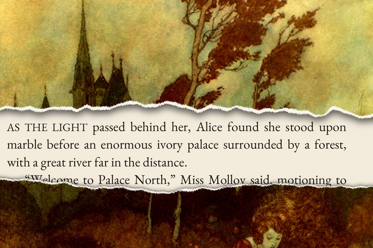Plate by Dulac (1911) torn open over the Alice of Oz page: Alice found she stood upon marble before an enormous ivory palace surrounded by a forest. (Chapter 45)