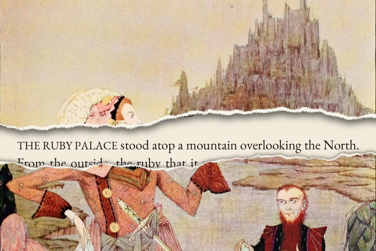 Plate by Harry Clarke (1922) torn open over the Alice of Oz page: The Ruby Palace stood atop a mountain overlooking the North. (Chapter 39)
